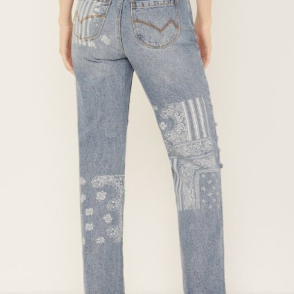 Cleo + Wolf Women's Astoria Medium Wash High Rise Straight Jeans with print - Picture 3 of 4